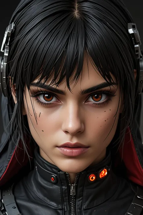 Grunge style Sofia Boutella as a biomechanical cyberpunk bounty hunter in a dystopian future, wearing a sleek black cybernetic hooded jumpsuit, dimly glowing red mechanical eyes, commanding and threatening expression, cutting-edge tactical gadgets, razor-s...