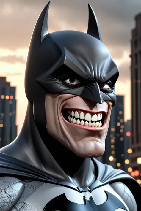 (Cinematic), (oversized facial features:1.5), (caricature:1.4), Raw 3D render of Batman with a big nose, big chin, big eyes, big teeth, big open mouth, long tongue, City background