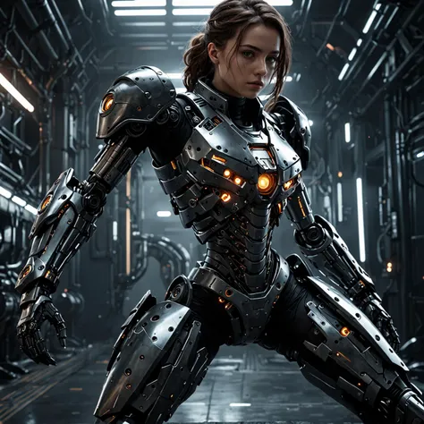 a close up of a woman in a futuristic suit in a room