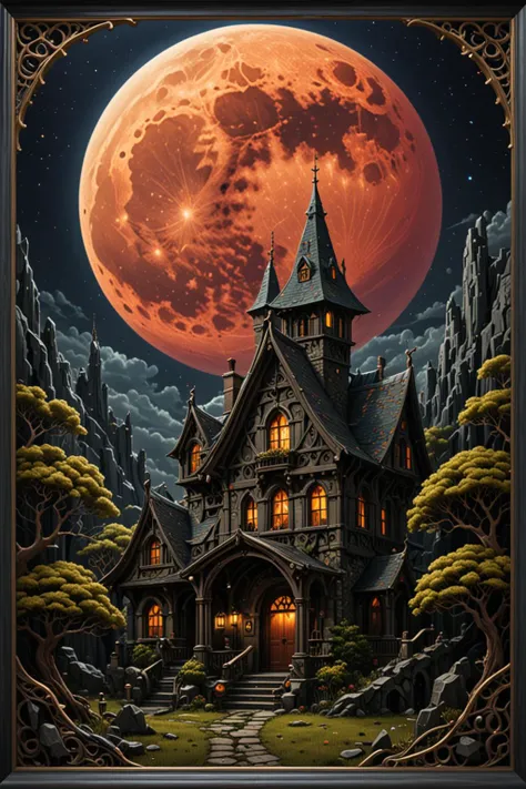 a painting of a house with a full moon in the background