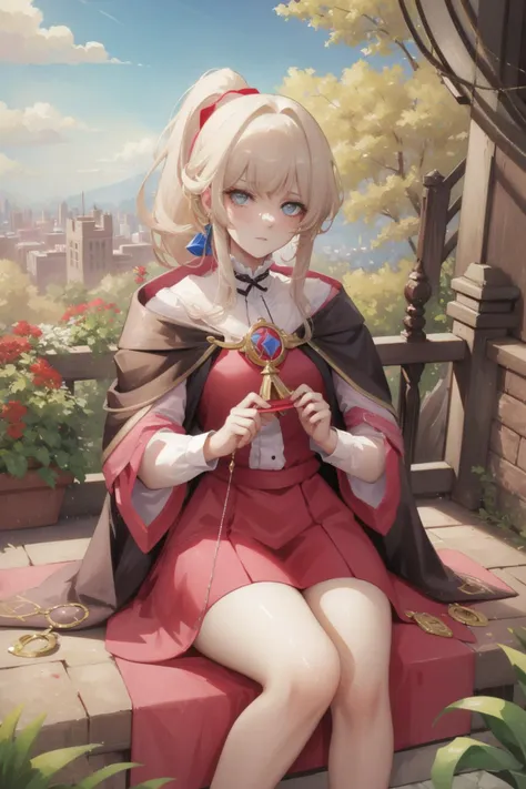 anime girl sitting on a bench with a flower in her hand