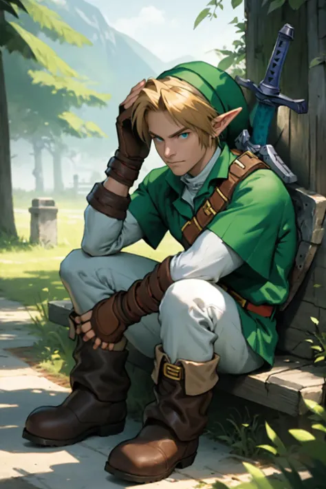 a man sitting on a bench with a backpack and a sword