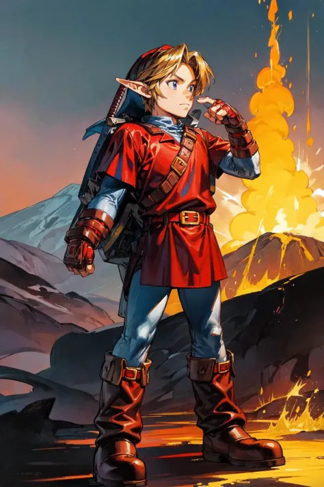 thick outlines, comics, photorealistic, 1man, solo, standing, <lora:ootlink-nvwls-v1:0.8>, ootLink, hat, red tunic, belt, fingerless gloves, boots, volcano, lava, detailed background, detailed face, detailed eyes, <lora:add_detail:0.7>