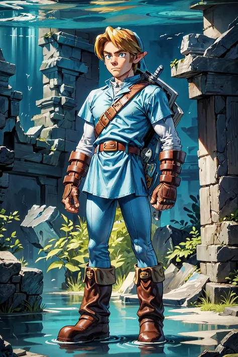 thick outlines, comics, photorealistic, 1man, solo, standing, <lora:ootlink-nvwls-v1:0.8>, ootLink, hat, blue tunic, belt, fingerless gloves, iron boots, lake, underwater, in front of a temple, ruins, detailed background, detailed face, detailed eyes, <lor...