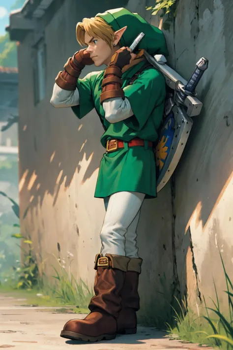 best quality, Mature male, Looking off to the side, <lora:ootlink-nvwls-v1:1> Link, hat, green tunic, belt, fingerless gloves, boots, weapon on back