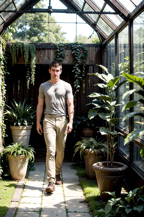 sc_aaron4 <lora:sc_aaron4-07:0.75> posing in an old greenhouse, wearing gray classic rock t-shirt and light beige linen pants rolled up at the ankles, plants in the background some overgrown and some pruned, ferns, vines draped over rusted iron beams, dila...