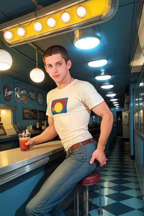 arafed man sitting on a stool in a diner with a soda