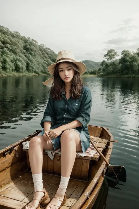 arafed woman sitting in a boat on a lake with trees in the background