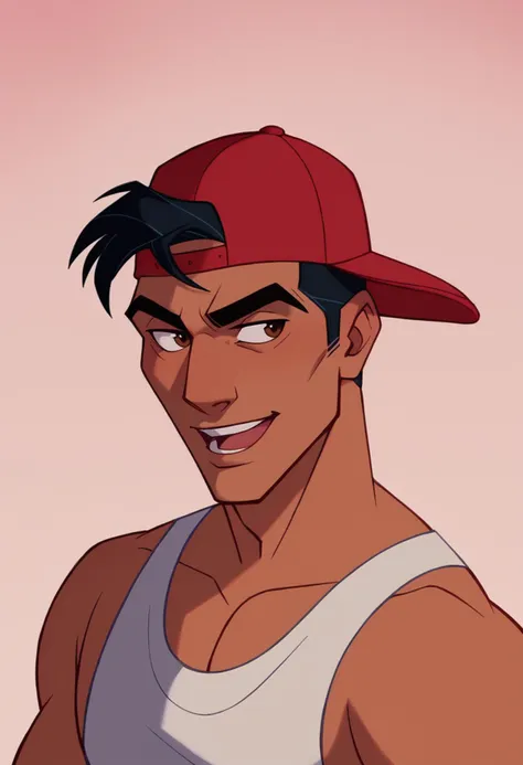 a cartoon of a man with a red hat and a white tank top