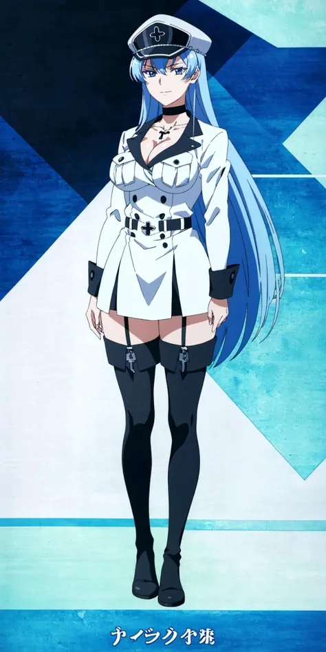 masterpiece, high quality, best quality, 1girl, (muscular female:1.0), (super gigantic breasts:1.0), (closed mouth, half smile), esdeath, long blue hair, white peaked cap, blue eyes, white military uniform, long sleeves, white thighhighs, choker, cleavage,...