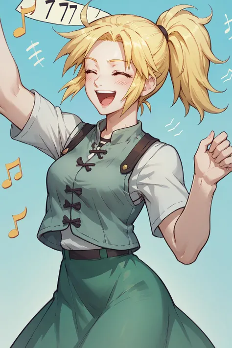 source_anime, score_9, score_8_up,  <lora:ff7claudia-pdxl-nvwls-v1:0.8> ff7Claudia, yellow hair, ponytail, eyes closed, notes, happy, vest, long green skirt