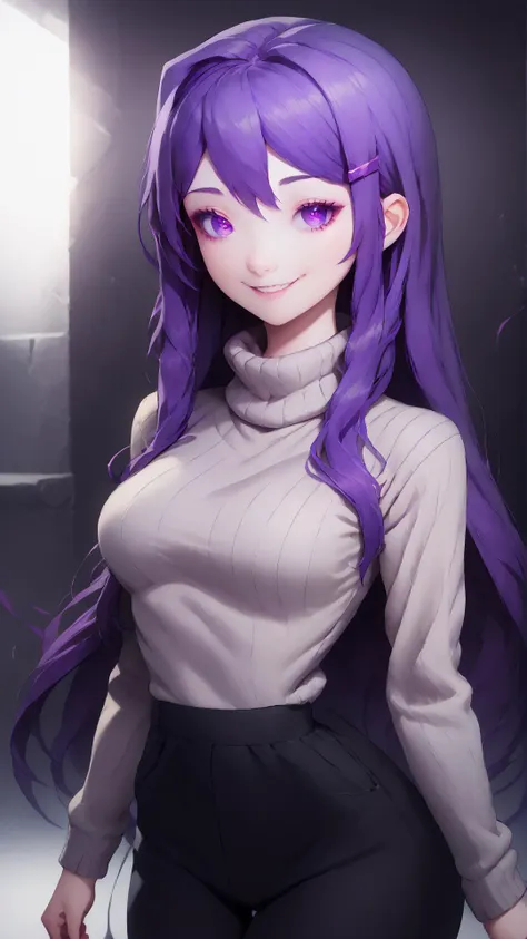 a woman with long purple hair and a white shirt