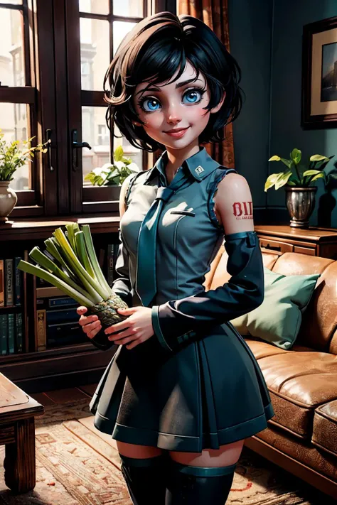 BioshockElizabeth, blue eyes, short black hair,  miku outfit, sleeveless shirt, grey shirt, detached sleeves, blue necktie, arm tattoo, black skirt, thighhighs, thigh boots, looking at viewer, smiling, medium shot, standing, inside cozy living room, holdin...