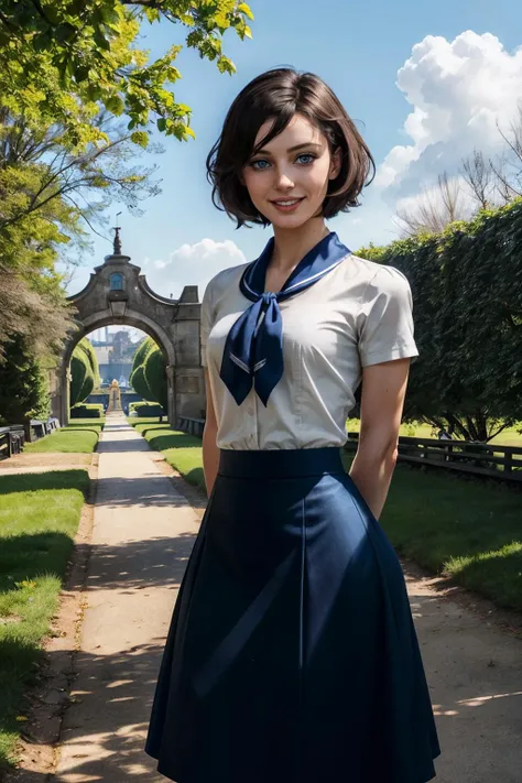 BioshockElizabeth, blue eyes, short black hair, white shirt, blue neckerchief, blue skirt, looking at viewer, smiling, standing, arms behind back, outside, park, field, pathway, trees, winter, blue sky, high quality, masterpiece,  <lora:BioshockElizabeth:....