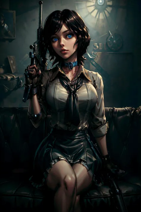 (masterpiece, best quality:1.3) <lora:epi_noiseoffset2:1> <lora:add_detail:0.7> <lora:BioshockElizabeth:0.8> BioshockElizabeth, 1girl, solo, short hair, blue eyes, skirt, shirt, black hair, sitting, weapon, necktie, choker, gun, couch, dark, ponytail<lora:...