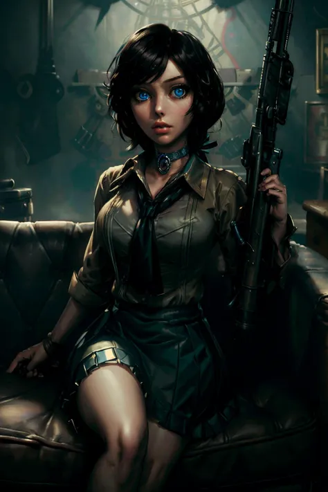 (masterpiece, best quality:1.3) <lora:epi_noiseoffset2:1> <lora:add_detail:0.7> <lora:BioshockElizabeth:0.8> BioshockElizabeth, 1girl, solo, short hair, blue eyes, skirt, shirt, black hair, sitting, weapon, necktie, choker, gun, couch, dark, ponytail<lora:...