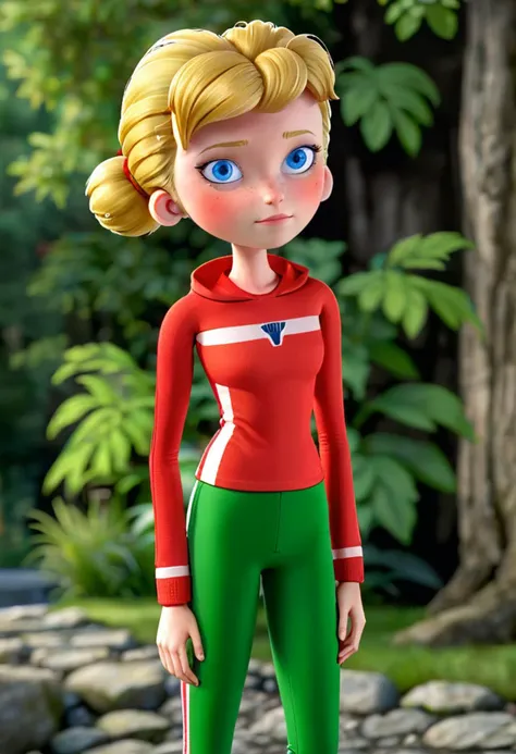 a close up of a cartoon character in a red and green outfit