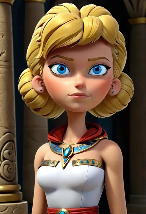 a close up of a cartoon character with blonde hair and blue eyes