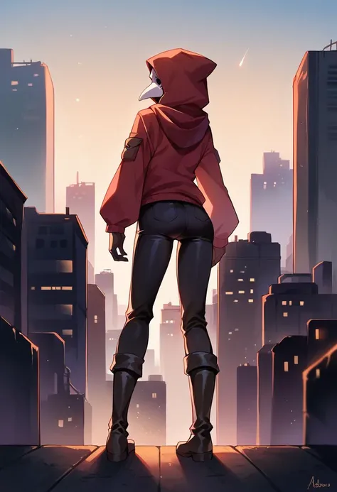 score_9, score_8_up, score_7_up, source_anime, 1girl, from behind, thigh up, knee boots, tight pants, looking back, red cowl, <lora:generic_plaguedoctor_xl_ponyXL:1> plague doctor, mask, hood up, city rooftop, night, cinematic