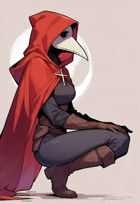 score_9, score_8_up, score_7_up, source_anime, 1girl, profile, thigh up, tight pants, crouched on one knee, knee boots, gloves, red cloak, red hood, <lora:generic_plaguedoctor_ponyXL:1> plague doctor, mask, hood up, gloves, cinematic, abstract background