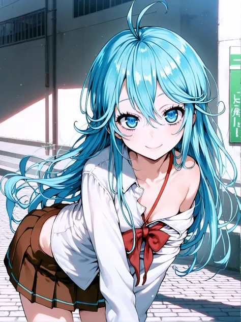 anime girl with blue hair and blue eyes in a short skirt