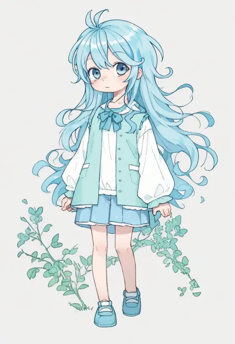 a cartoon girl with long blue hair and a white shirt