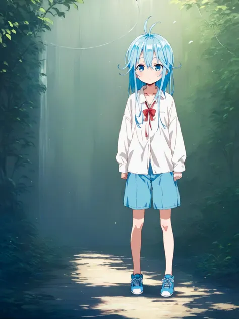 anime girl in a short skirt and white shirt standing in a forest