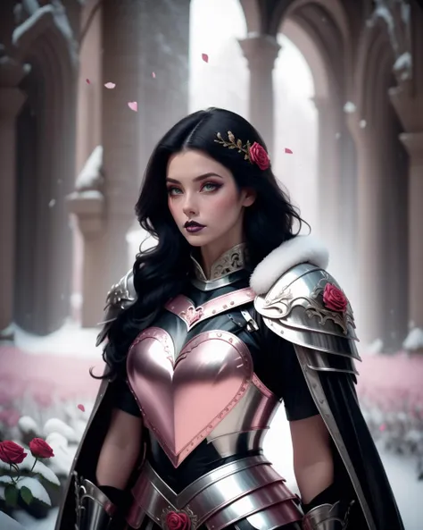 a woman in armor with a rose in her hair