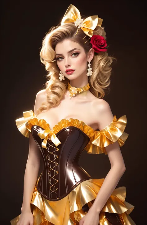 a woman in a corset and gold dress posing for a picture