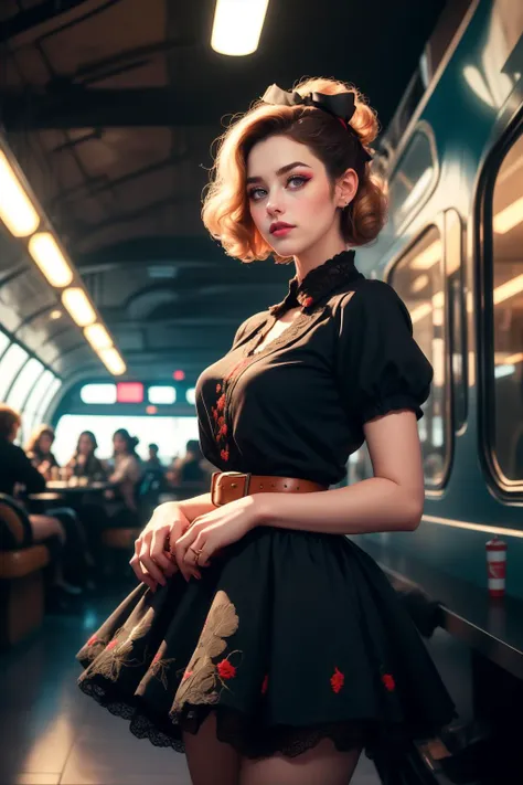 a woman in a short dress standing in a train station