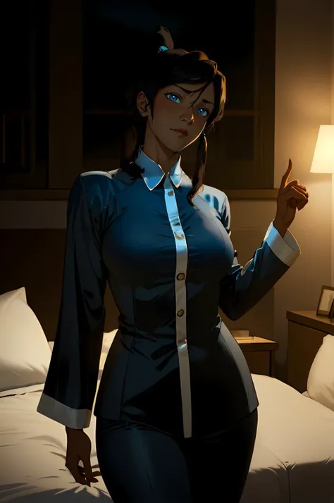 there is a woman in a blue shirt and black pants posing on a bed