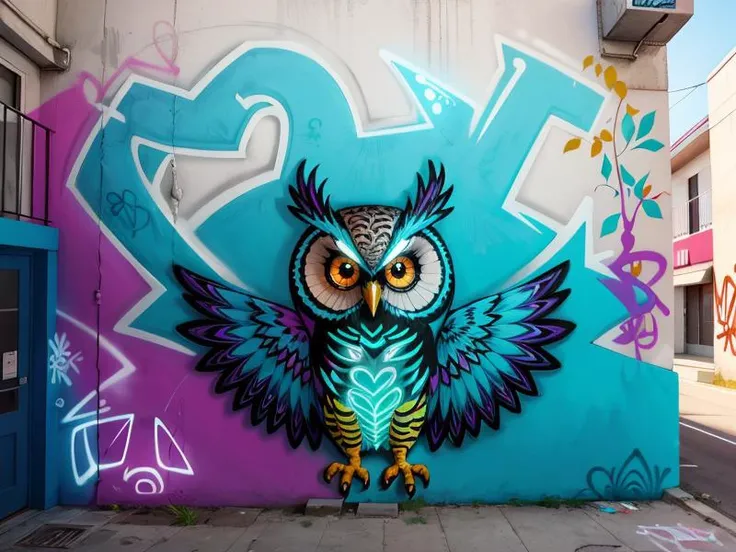 (overwhelming:1.3), ((best quality)), ((detailed)), ((masterpiece)), ((Enchanting)), Phenomenal, Exquisite, (((wall graffiti drawing:1.3) of owl on a branch, (Wall Graffiti:1.3),  (Graffiti:1.2))) artwork, flat shading, (influenced by banksy), Lateral illu...