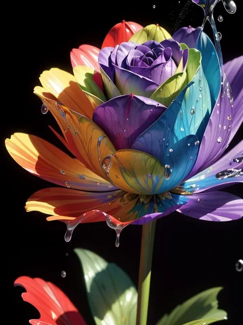 brightly colored flowers with water droplets on them against a black background