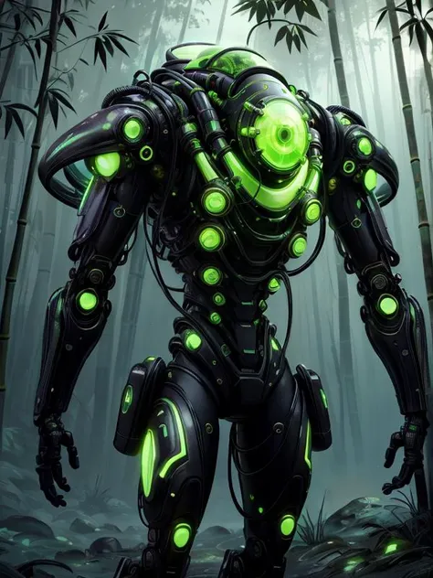 a close up of a robot with glowing eyes in a forest