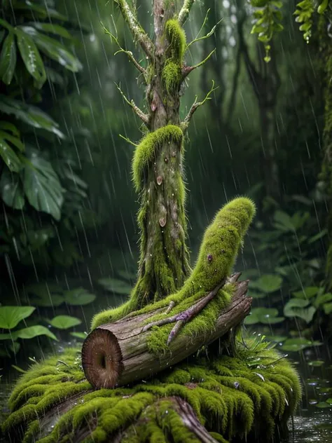 close up of mossy log, detailed forest background, (rain) , wet mossy surroundings, octane render, (heron, mossy log, vast nature:1.2) , 80mm, fauna, cinemascope, intricate details, photo, (hyperdetailed:1.2) , (Photorealistic:1.2) , cinematic Lighting, (d...
