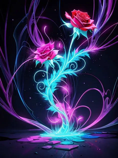 a pink rose with blue swirls and a black background