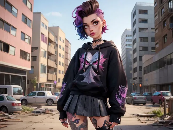 (Style: disney, (pixar), 3d, cartoon, realistic, realism, (epic:1.2), trending on artstation, ((high quality:1.2, masterpiece:1.2)) , (8k resolution) , high details, incredibly absurdres, color connection, colorized, colorful),
(1girl: spider print hoodie,...