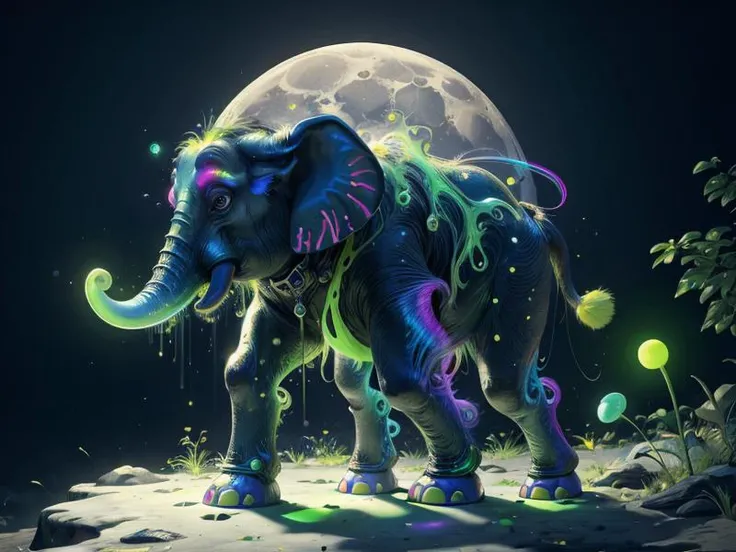 a close up of an elephant with a full moon in the background