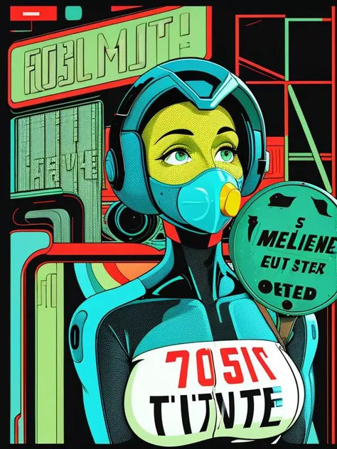 a rusty 1950s roadsign: 1woman wearing farmers attire signing to stop, ((Textfield:"EAT MORE HUMAN"):1.3), flat shading, faded colors, faded bright colors, cyber-inspired typography, futuristic imagery, (retrofuturism graphic designe:1.1), Holographic and ...