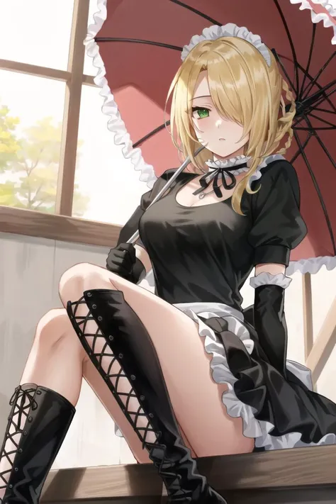 ((best quality)), ((highly detailed)), masterpiece, (detailed eyes, deep eyes), (1girl), full body, <lora:beelzebub_hilda:.7>, hilda (beelzebub), blonde hair, braid, hair over one eye, green eyes, expressionless, maid uniform, black elbow gloves, choker, n...