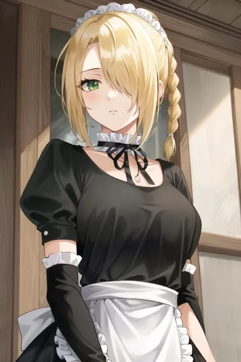 ((best quality)), ((highly detailed)), masterpiece, (detailed eyes, deep eyes), (1girl), upper body, <lora:beelzebub_hilda:.7>, hilda (beelzebub), blonde hair, braid, hair over one eye, green eyes, expressionless, maid uniform, black elbow gloves, choker, ...