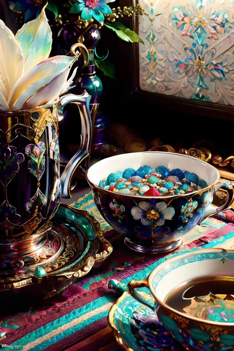 there is a tea cup and saucer on a table with a plate