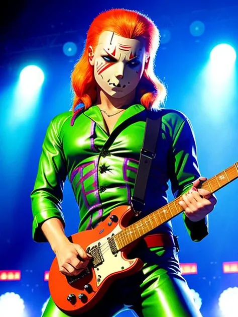 medium full shot, pt3jasonvoorhees-2250, dressed as Ziggy Stardust, playing electric guitar, on stage at a rock concert, photorealistic, masterpiece