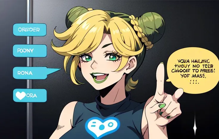 high res, 1girl, jolyncujoh, doublebun, green lips, heart on chest, laughing, (profiles:0.4), in a clasroom, pointing at board behind her, ((text (HOW TO ORA))) <lora:JolynCujoh002:0.7>