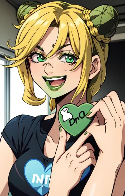 high res, 1girl, jolyncujoh, doublebun, green lips, heart on chest, laughing, (profiles:0.4), in a clasroom, pointing at board, <lora:JolynCujoh002:0.7>