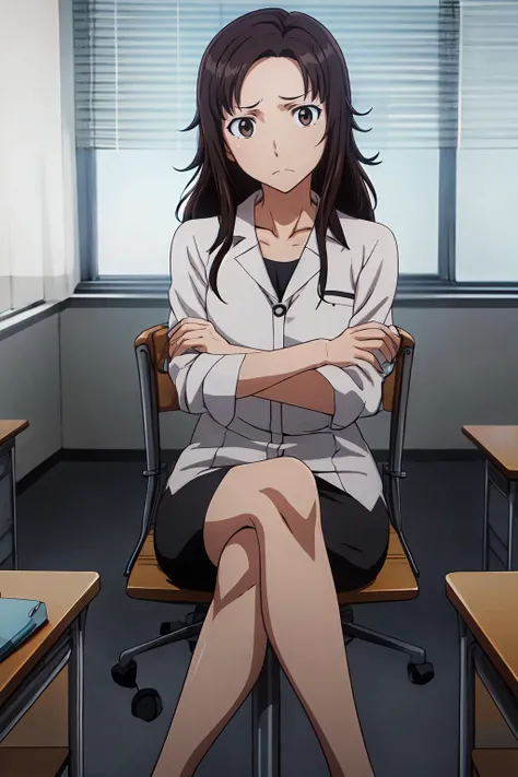 (masterpiece, best quality:1.2), highres, anime screencap, anime coloring, 1girl, solo, frown, 
Tomoko_Kawada_V1, mature female, brown hair, long hair, brown eyes, 
teacher, white shirt, sleeves rolled up, collarbone, black skirt, pencil skirt, see-through...