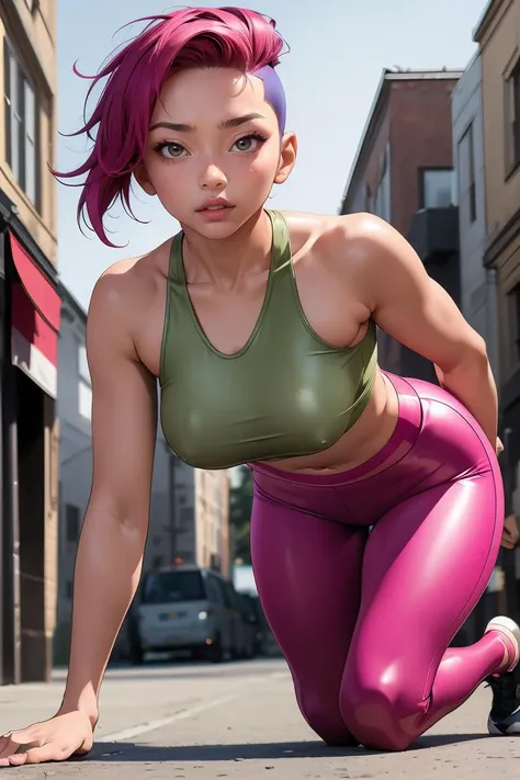 (masterpiece, best quality), 1girl, Khaki Short Messy Hair with Tapered Sides, Size E breasts, Fuchsia Bandeau top and Pleather leggings, bare, Hands on the ground, leaning forward,           <lora:yoshi:1> yoshiostyle