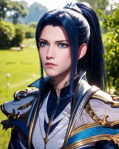 1boy, armor, black hair, blue eyes, closed mouth, depth of field, long hair, looking at viewer, male focus, outdoors, ponytail, solo, tree, upper body