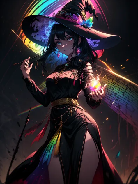 a woman in a witch costume holding a wand and a rainbow hat