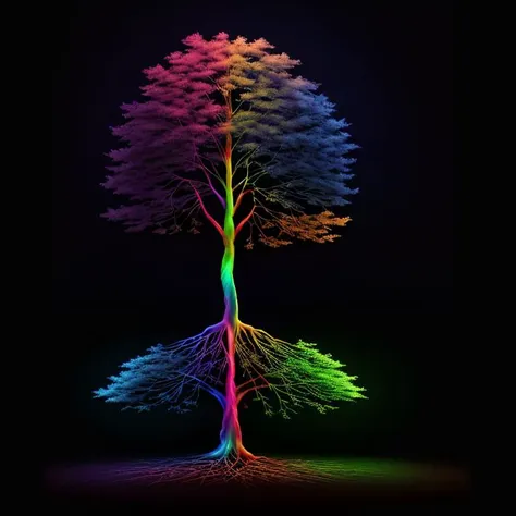 a tree with a rainbow colored trunk and roots